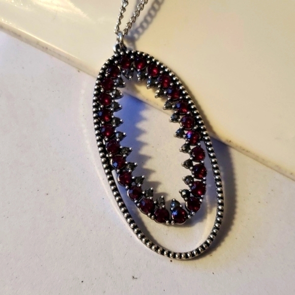 MONEY MOOD - Red HEMATITE RHINESTONES PENDANT SILVER CHAIN LONG NECKLACE - Picture 3 of 7